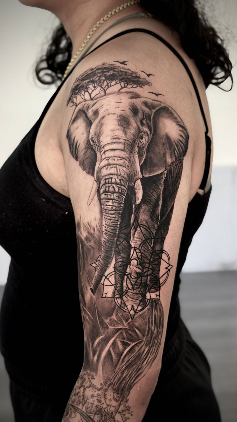 Black and grey realism elephant sleeve tattoo, Orlando FL